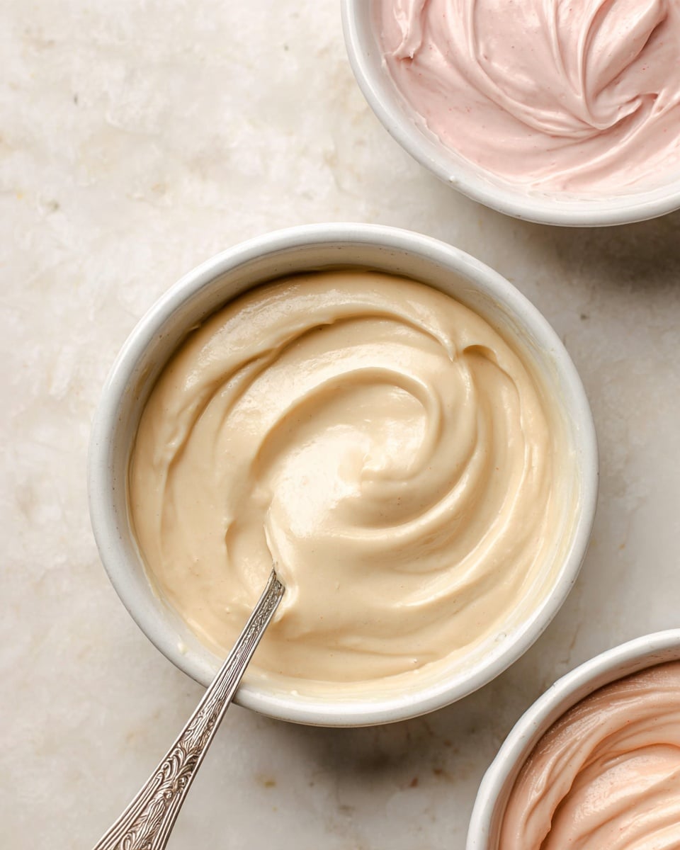 The image shows two white bowls filled with smooth creamy sauces placed on a white marbled surface. The larger bowl at the bottom center holds a thick, pale beige sauce with a swirled texture and a shiny, smooth surface. A silver spoon with intricate handle details rests inside, slightly submerged in the sauce. The smaller bowl in the upper right corner contains a light pink creamy sauce, also swirled on the surface showing soft ridges and a velvety texture. The close-up view emphasizes the rich and smooth consistency of both sauces. Photo taken with an iphone --ar 4:5 --v 7