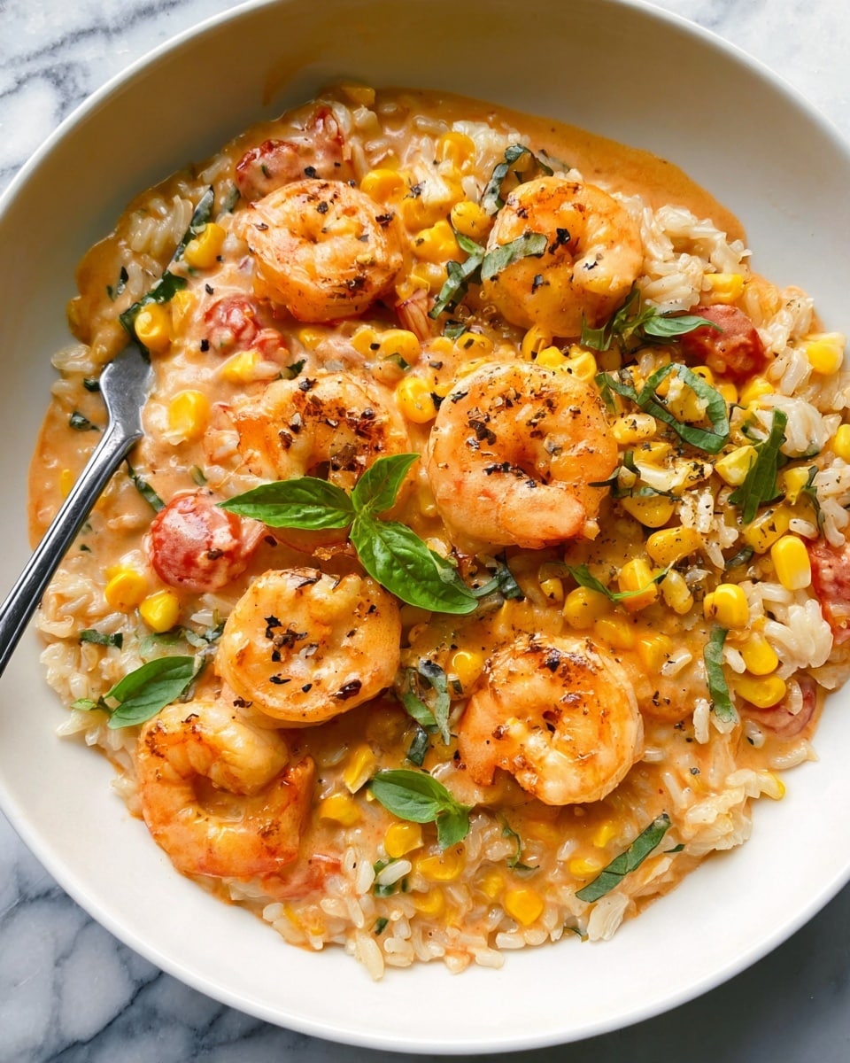 A white bowl holds a dish with a base layer of cooked rice mixed with small yellow corn kernels and pieces of chopped red tomatoes. On top, there are five large shrimp, coated in a light orange creamy sauce with small black pepper specks. Fresh green basil leaves are scattered throughout the dish, adding a touch of color contrast. A silver fork is partially submerged into the rice, resting on the upper left side of the bowl. The bowl sits on a white marbled surface. photo taken with an iphone --ar 4:5 --v 7