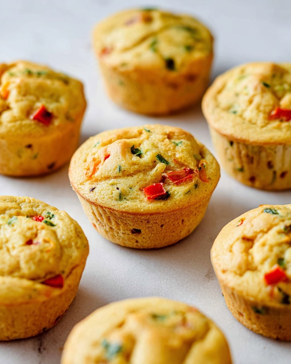 The image shows several golden-yellow savory muffins with a slightly cracked top surface, indicating a light and airy texture. Each muffin is baked in a white paper liner, with visible small pieces of red bell pepper and green herbs mixed into the batter, adding color and texture throughout. The muffins sit spaced evenly on a white marbled surface, with the focus on the front muffin, which reveals the colorful ingredients inside more clearly. The overall look is warm, fresh, and inviting, with a soft natural light that enhances the colors and texture of the muffins. photo taken with an iphone --ar 4:5 --v 7