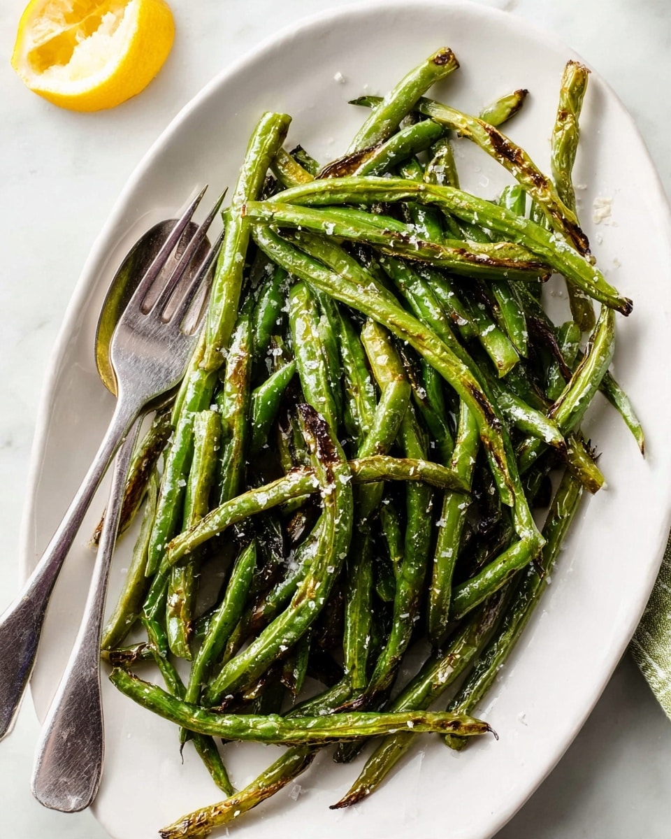 A white oval plate sits on a white marbled surface, filled with a pile of roasted green beans showing slight browning and blistering on the edges. The green beans are scattered naturally, with some overlapping and displaying a shiny, slightly oily texture sprinkled lightly with coarse salt. To the left side of the plate, a silver fork and spoon lay crossed partially under the green beans. In the top left corner of the image, a small lemon wedge is visible on the white marbled background, adding a touch of yellow contrast. photo taken with an iphone --ar 4:5 --v 7