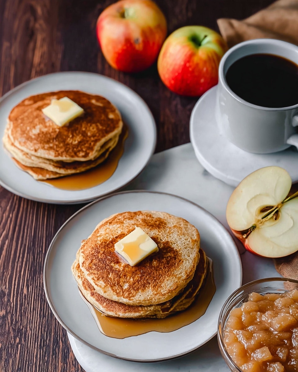 The image shows two white plates, each with a stack of three golden-brown pancakes. Each stack is topped with a square piece of butter melting with syrup drizzling down the sides. Two red and yellow apples sit on the white marbled surface near the plates. To the top right, there is a white cup and saucer filled with black coffee. On the lower right side, a clear glass bowl holds chunky applesauce. The background is a dark wooden texture. photo taken with an iphone --ar 4:5 --v 7