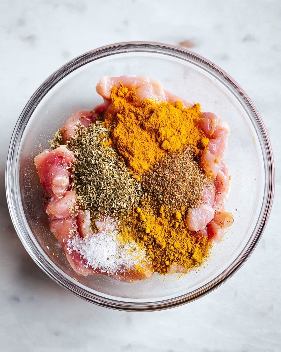 A clear glass bowl filled with raw pink chicken pieces at the bottom. On top, there are several piles of dry spices in different colors: bright yellow turmeric, light brown ground spices, dark brown herbs, and white salt scattered unevenly. The bowl is placed on a white marbled surface, showing the contrast of the colorful ingredients inside. photo taken with an iphone --ar 4:5 --v 7