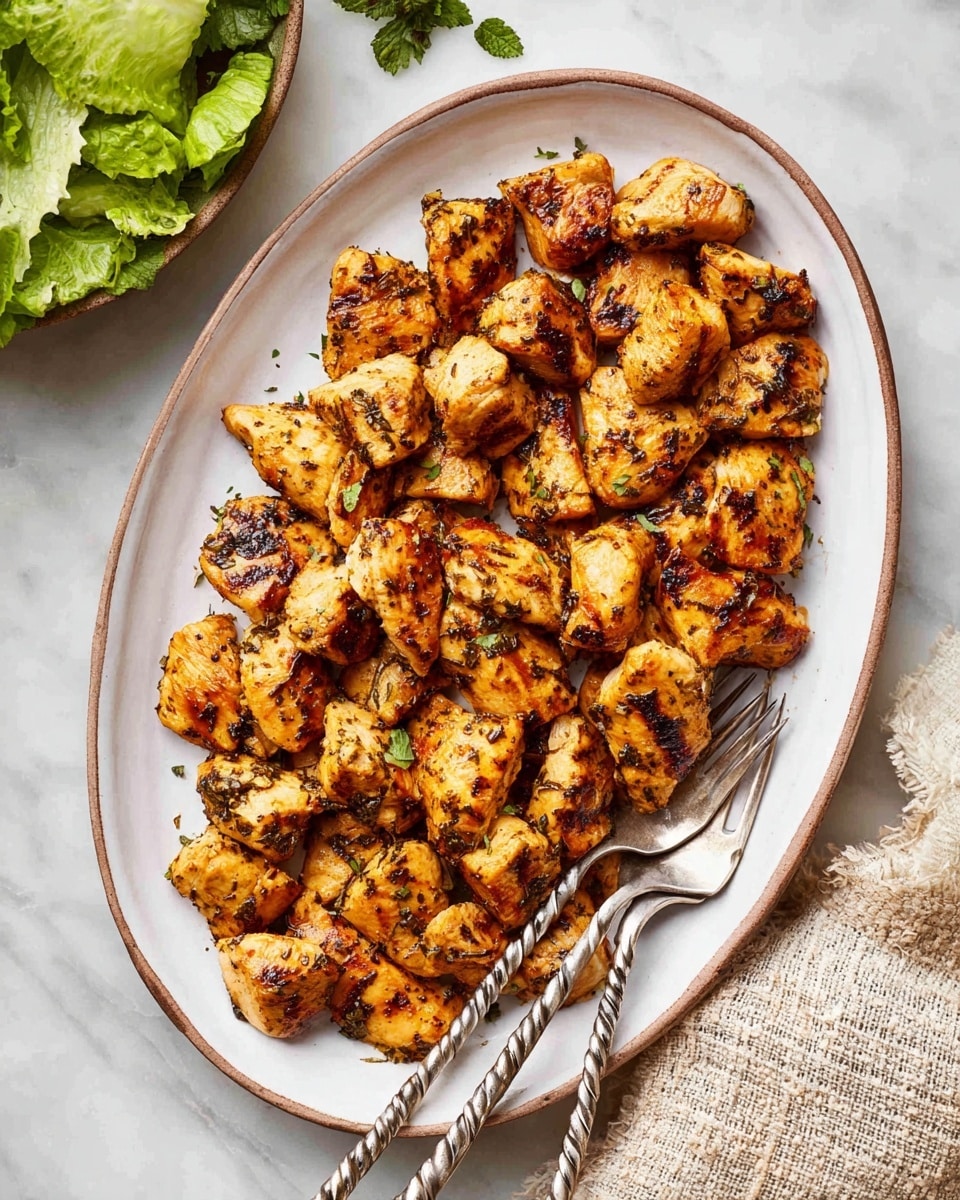 On a large white oval plate with a thin brown rim, there are about twenty pieces of golden-brown grilled chicken pieces seasoned with herbs and spices, each piece with a slightly crispy texture and grill marks visible. The chunks are irregular in shape and piled in a loose heap covering the plate’s center. Three silver forks with twisted handles are seen piercing some pieces, arranged around the plate. The plate sits on a white marbled surface with some green leafy lettuce in a bowl at the top left and a textured beige cloth at the bottom right. photo taken with an iphone --ar 4:5 --v 7