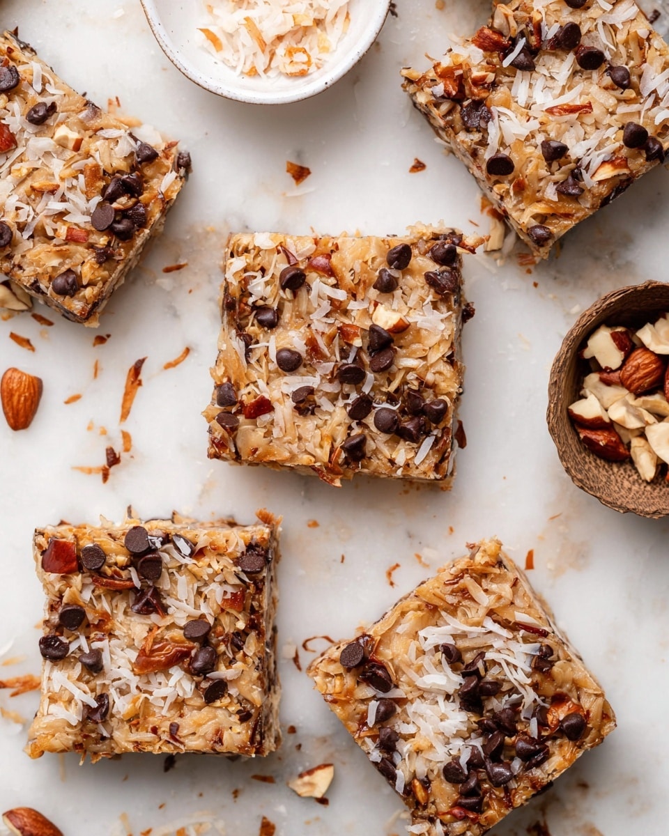 The image shows several square pieces of a dessert bar laid out on a white marbled surface. Each bar has a textured top layer made of light golden shredded coconut mixed with dark brown chocolate chips scattered evenly. There are also small pieces of chopped nuts, some light beige and some reddish-brown, mixed throughout the bars. The bars appear chewy and dense with a mix of rough shredded strands and chunks. A few loose nut pieces and a small white bowl with more chopped nuts sit nearby. Photo taken with an iphone --ar 4:5 --v 7