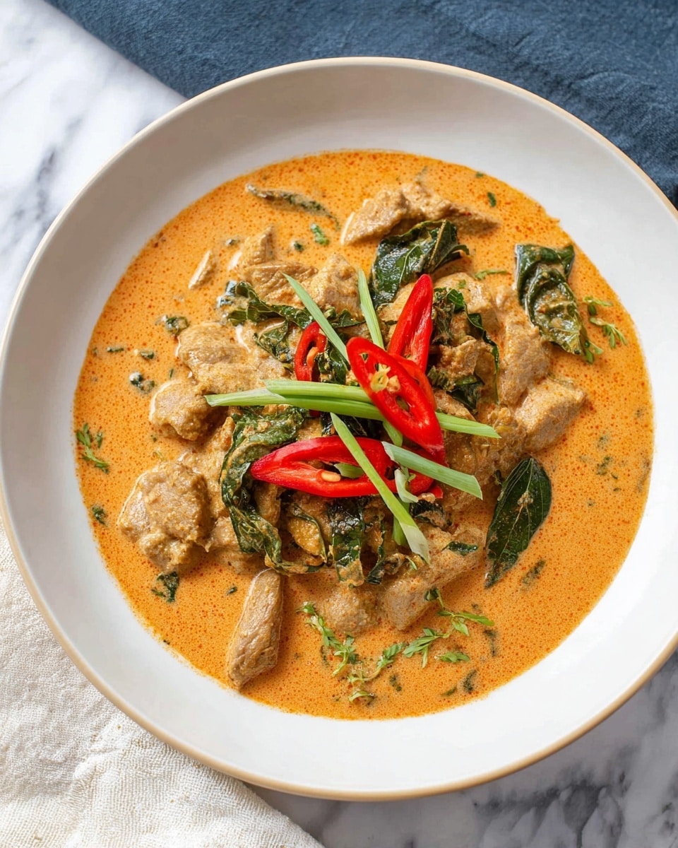 A white plate filled with a creamy orange curry that has several pieces of light brown cooked meat and green leaves mixed in. On top, there are thin slices of bright red chili and thin green herb strips placed for garnish. The plate sits on a white marbled surface, with part of a white cloth visible on the side. Photo taken with an iphone --ar 4:5 --v 7