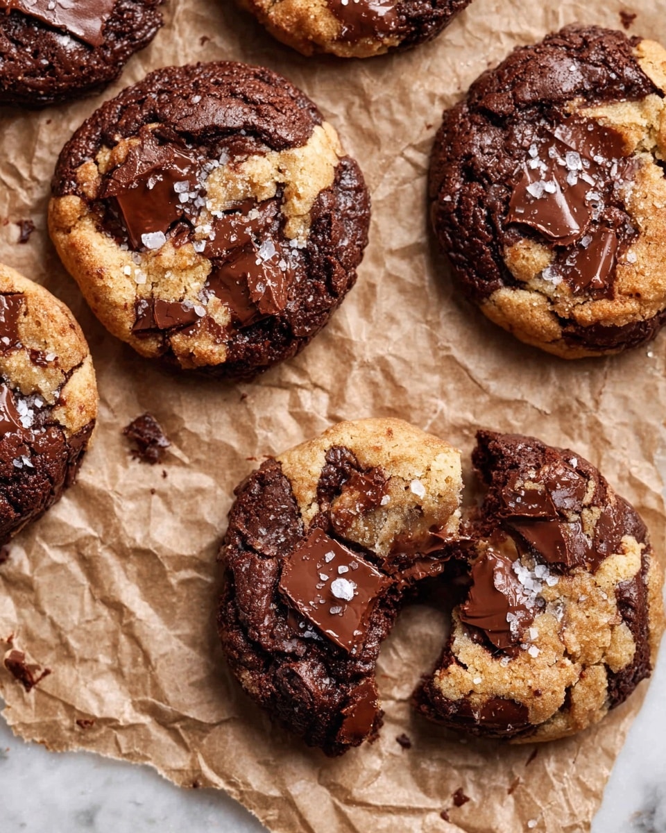 The image shows several round cookies on crinkled brown parchment paper placed on a white marbled surface. Each cookie has two distinct layers: a darker rich brown chocolate base and a lighter golden-brown cookie dough top with large, melted chocolate chunks scattered unevenly across the surface. Some cookies have flaky salt crystals sprinkled on the top layer. One cookie is broken in half, showing the thick, soft texture inside. The overall look is rustic and inviting with the melted chocolate and texture contrasts clearly visible. photo taken with an iphone --ar 4:5 --v 7