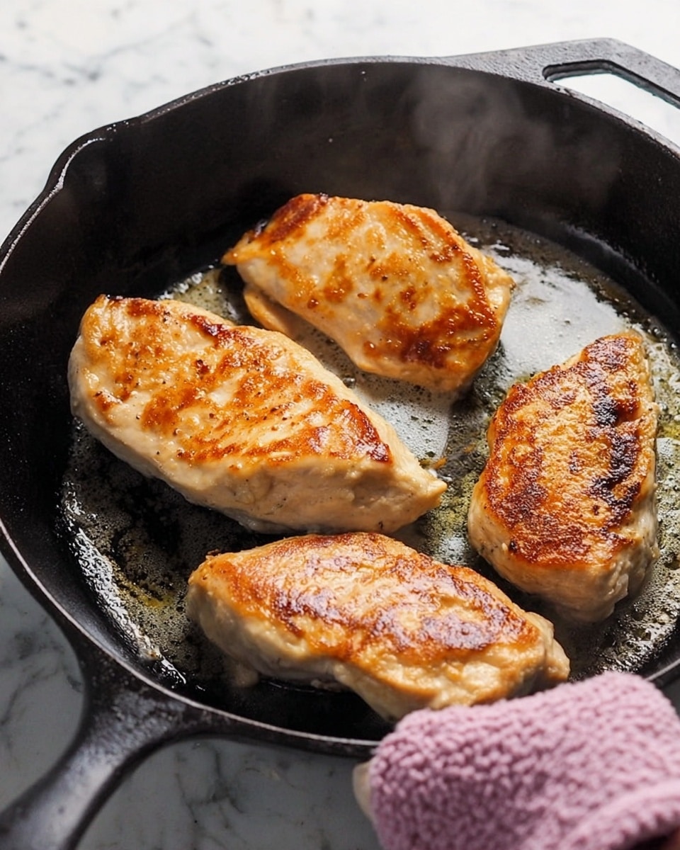 Three pieces of golden brown chicken cook in a black cast iron pan. The chicken pieces have a light sear with a mix of golden and light beige tones on their surfaces. The pan shows a bit of sizzling oil underneath the chicken, and faint steam rises from the hot pan. A woman's hand with a light purple oven mitt holds the pan handle. The background is a white marbled surface. photo taken with an iphone --ar 4:5 --v 7