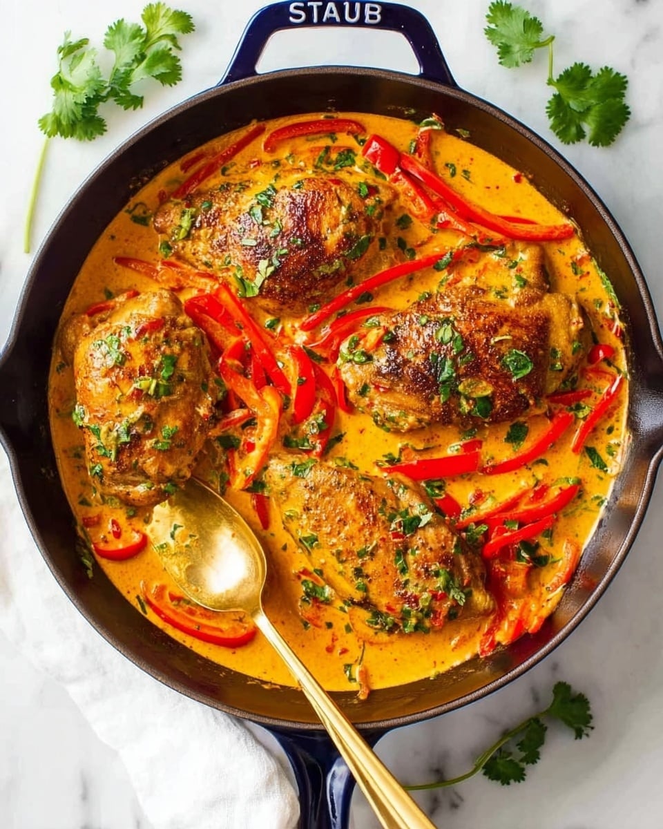 A dark skillet filled with three browned chicken pieces sitting on top of bright orange creamy sauce, scattered with thin red bell pepper strips and fresh green herbs. A gold spoon rests near one chicken piece on the right side, partially covered by the sauce. Fresh green cilantro leaves are placed around the skillet on a white marbled surface. The skillet handle is dark blue with the brand name
