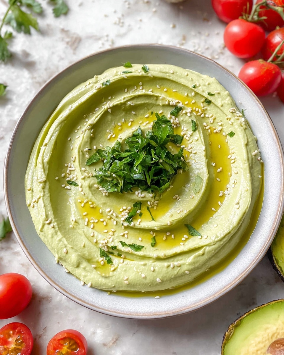 A round white plate holds a smooth, creamy avocado dip with a pale green color spread in three thick swirling layers. The center of the dip has a small pile of fresh, bright green parsley leaves, and drops of shiny olive oil are scattered on top. Around the outer edge of the dip are small white sesame seeds evenly sprinkled. The plate sits on a white marbled surface with halved avocados and bright red cherry tomatoes nearby, adding natural color contrast. Photo taken with an iphone --ar 4:5 --v 7