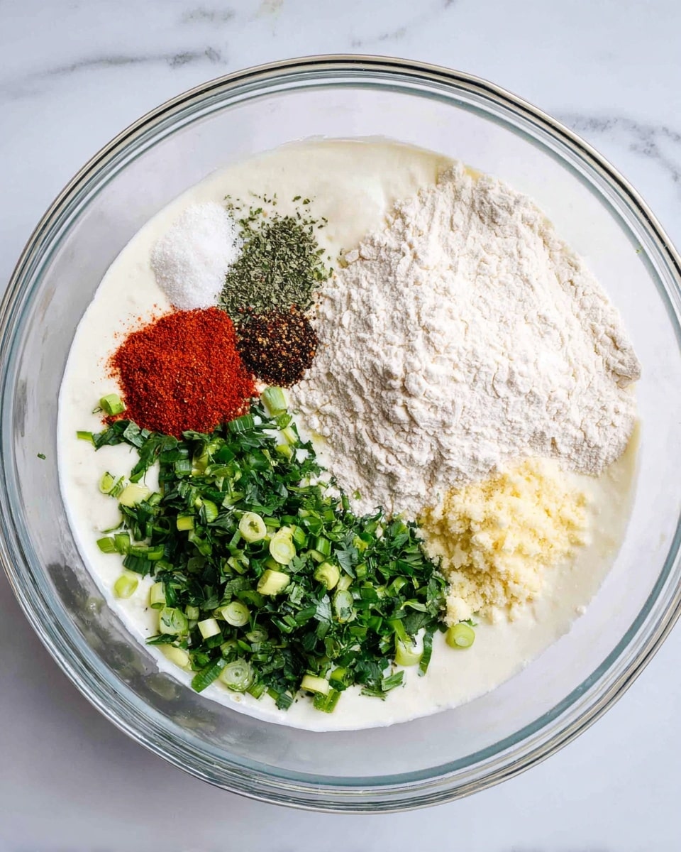A clear glass bowl holds a mix of fresh ingredients on a white marbled surface. Inside the bowl, there is a white creamy base surrounding a neat pile of white flour on the right side. Above the flour are three small piles of spices in red, black, and white colors, arranged next to each other. Below these spices and to the left is a heap of finely chopped green herbs and green onions, with the green onions in varying shades of light to dark green and the herbs in a deeper green. There is also a small mound of pale yellow crushed garlic near the flour. The ingredients are layered clearly and cleanly within the bowl. Photo taken with an iphone --ar 4:5 --v 7
