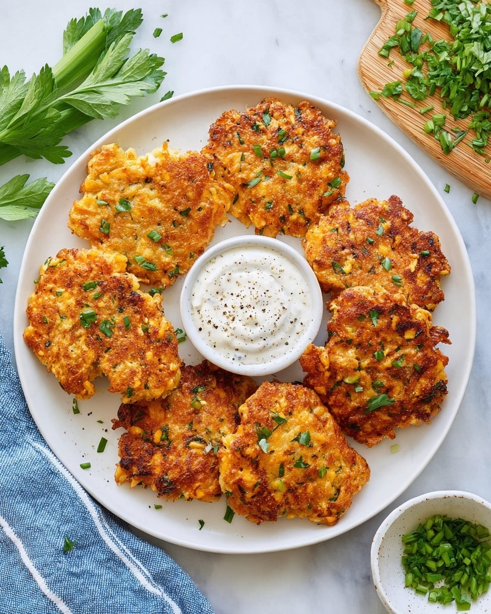 The image shows a white plate with eight golden-brown fried patties that have a rough texture and small green herb pieces scattered on top. The patties have uneven, slightly crisp edges and are arranged loosely around a small white bowl of thick white dipping sauce sprinkled with black pepper. The plate sits on a white marbled surface, and to the right, there is a small white bowl with chopped green herbs and a wooden board with fresh parsley and green onions. A blue cloth with white stripes is partly visible at the top left corner. photo taken with an iphone --ar 4:5 --v 7