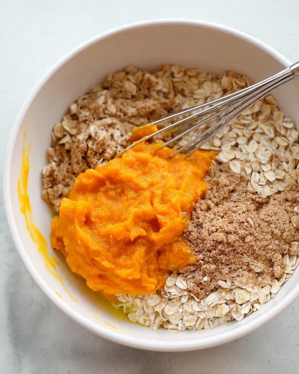 A white bowl filled with several layers of ingredients: a base layer of dry oats with a rough texture spread evenly across the bottom, a mound of smooth, bright orange puree placed near the center on top of the oats, and some lighter grains or powder creating a slightly uneven surface around the puree. A silver whisk is partially visible inside the bowl, resting among the ingredients. The bowl sits on a white marbled surface. Photo taken with an iphone --ar 4:5 --v 7