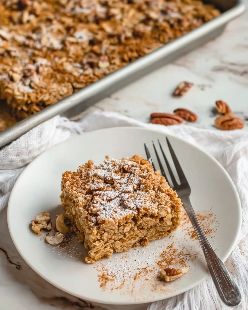 The image shows a single square slice of baked oatmeal with a rough and crumbly texture on a white plate. The oatmeal is light brown with visible oats and pieces of nuts on top, dusted lightly with powdered sugar and cinnamon powder around it. The plate also has some scattered nut pieces for decoration. A silver fork rests beside the oatmeal slice. Behind the plate, there is a baking tray filled with more of the same oatmeal in a golden brown color. The setting is on a white marbled surface with a white cloth partially visible beneath the plate. Photo taken with an iphone --ar 4:5 --v 7