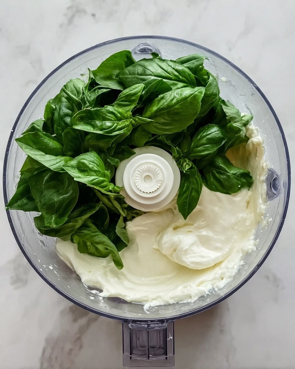 Inside a clear food processor bowl on a white marbled surface, there is one layer of thick white creamy yogurt covering the bottom half. On top of this layer, a bunch of fresh green basil leaves sit, filling the upper half. The basil leaves have a smooth texture and slightly wilted look, adding color contrast to the creamy layer beneath. The center has a white plastic blade holder standing out in the middle. Photo taken with an iphone --ar 4:5 --v 7