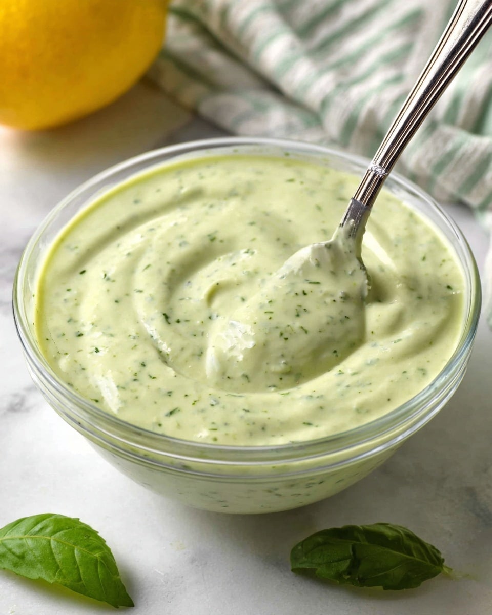 A clear glass bowl filled with creamy, light green sauce that has visible small green herb bits spread evenly throughout. A spoon with a shiny silver handle is dipped into the sauce, showing the smooth and thick texture with soft swirls on the surface. Near the bowl on a white marbled texture are a few fresh green basil leaves, and in the blurred background, there is a yellow lemon and a white towel with green stripes. The photo taken with an iphone --ar 4:5 --v 7