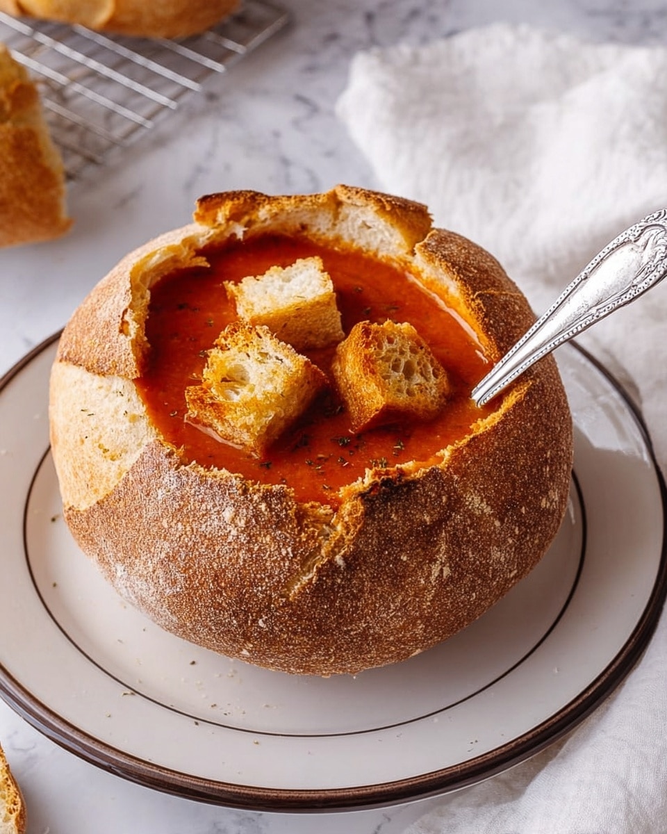 A round bread bowl with a crusty golden-brown top layer and a soft inner layer, filled with thick, rich red tomato soup. The soup has three small pieces of golden-brown toasted bread floating on top. A silver spoon with a detailed handle is placed inside the soup on the right side, resting against the bread bowl's edge. The bread bowl sits on a white plate with a thin dark rim, all placed on a white marbled surface. In the background, there is a white cloth napkin on the right side and a cooling rack with bread on the left side. Photo taken with an iphone --ar 4:5 --v 7