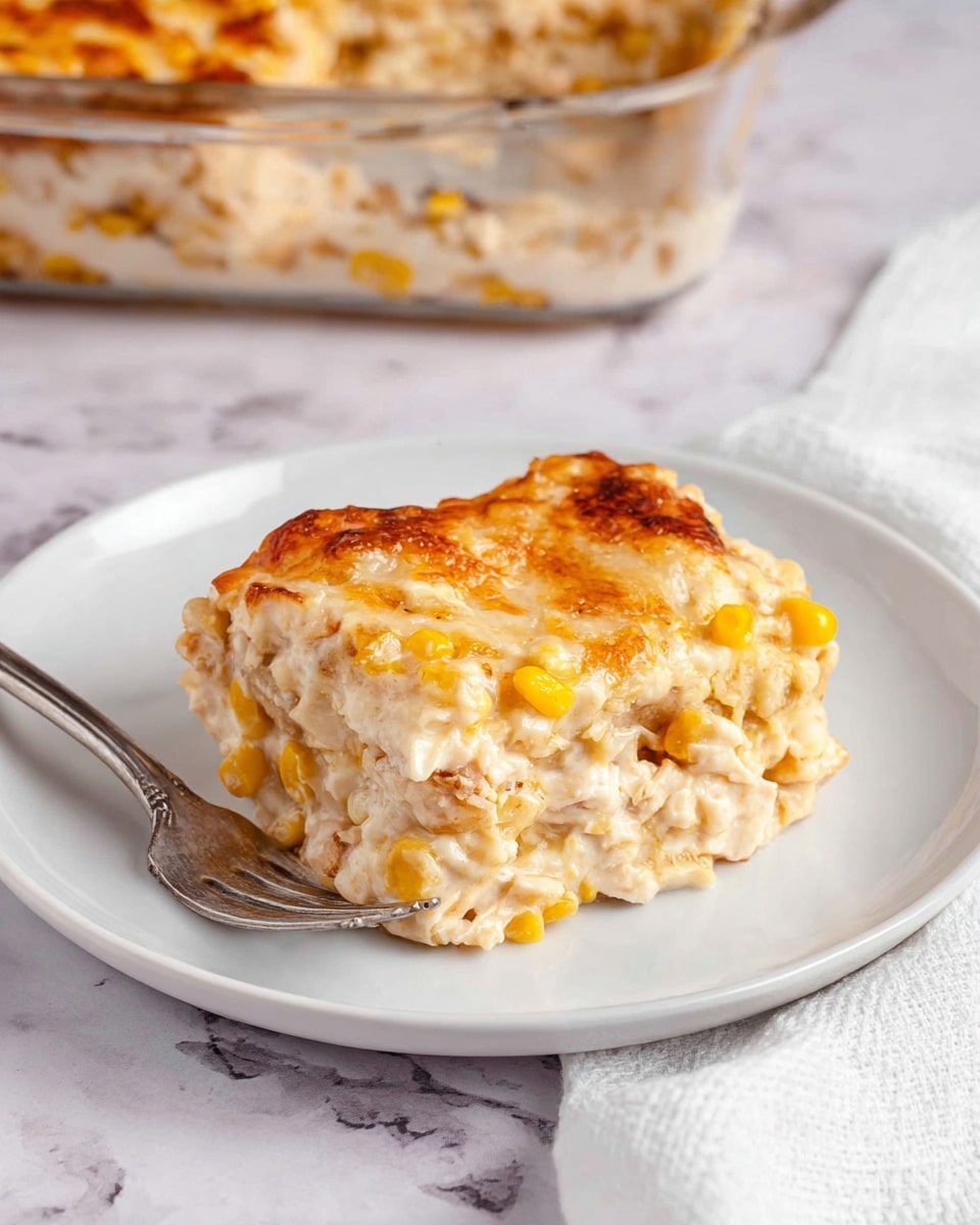 A white plate holds a thick, square slice of creamy casserole. The casserole has a browned, slightly crispy top with melted cheese and visible yellow corn kernels scattered throughout. The inside looks soft and moist, filled with creamy white sauce and chunks of light-colored ingredients like chicken or pasta. A silver fork is on the left side of the plate. The plate sits on a white marbled surface, and in the background, a glass baking dish filled with the same casserole is partly visible. A white cloth is placed on the bottom right corner. Photo taken with an iphone --ar 4:5 --v 7