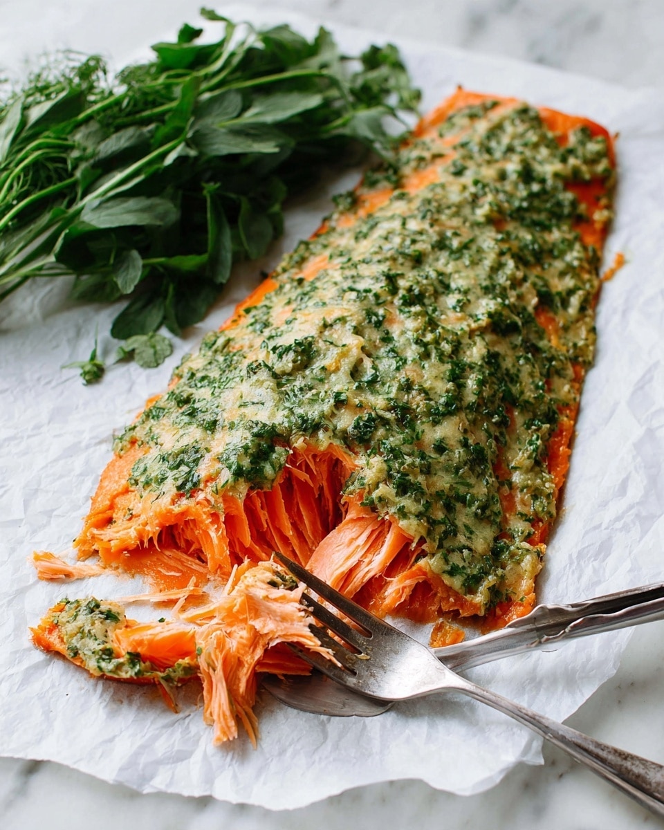 The image shows a large piece of cooked salmon fillet lying flat on white parchment paper over a white marbled surface. The salmon has a bright orange-pink color with a creamy, green herb sauce spread thickly on top, covering the entire surface of the fish. A corner of the fillet is cut into thick slices with a silver fork partially pulling apart one piece, revealing the tender, moist texture inside. In the background, there is a bunch of fresh green herbs with a pair of silver tongs resting nearby, all set against the white marbled texture. Photo taken with an iphone --ar 4:5 --v 7