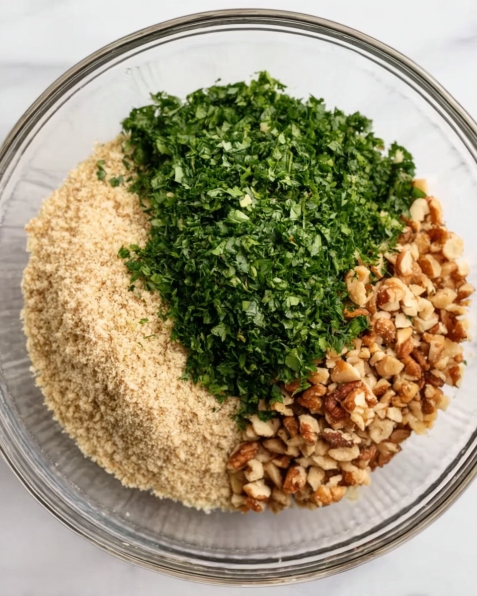 A clear glass bowl sits on a white marbled surface, filled with three main layers of ingredients neatly arranged side by side. On the left is a light beige layer of finely ground crumbs with a sandy texture. Next to it, covering a large middle section and extending slightly to the right, is a thick, lush layer of bright green chopped herbs with a fresh, leafy look. The top right side of the bowl holds a layer of small, chopped nuts in warm brown and light tan colors, showing a rough, chunky texture. Each layer is evenly spread, creating a colorful, tidy division of textures and colors inside the bowl. Photo taken with an iphone --ar 4:5 --v 7