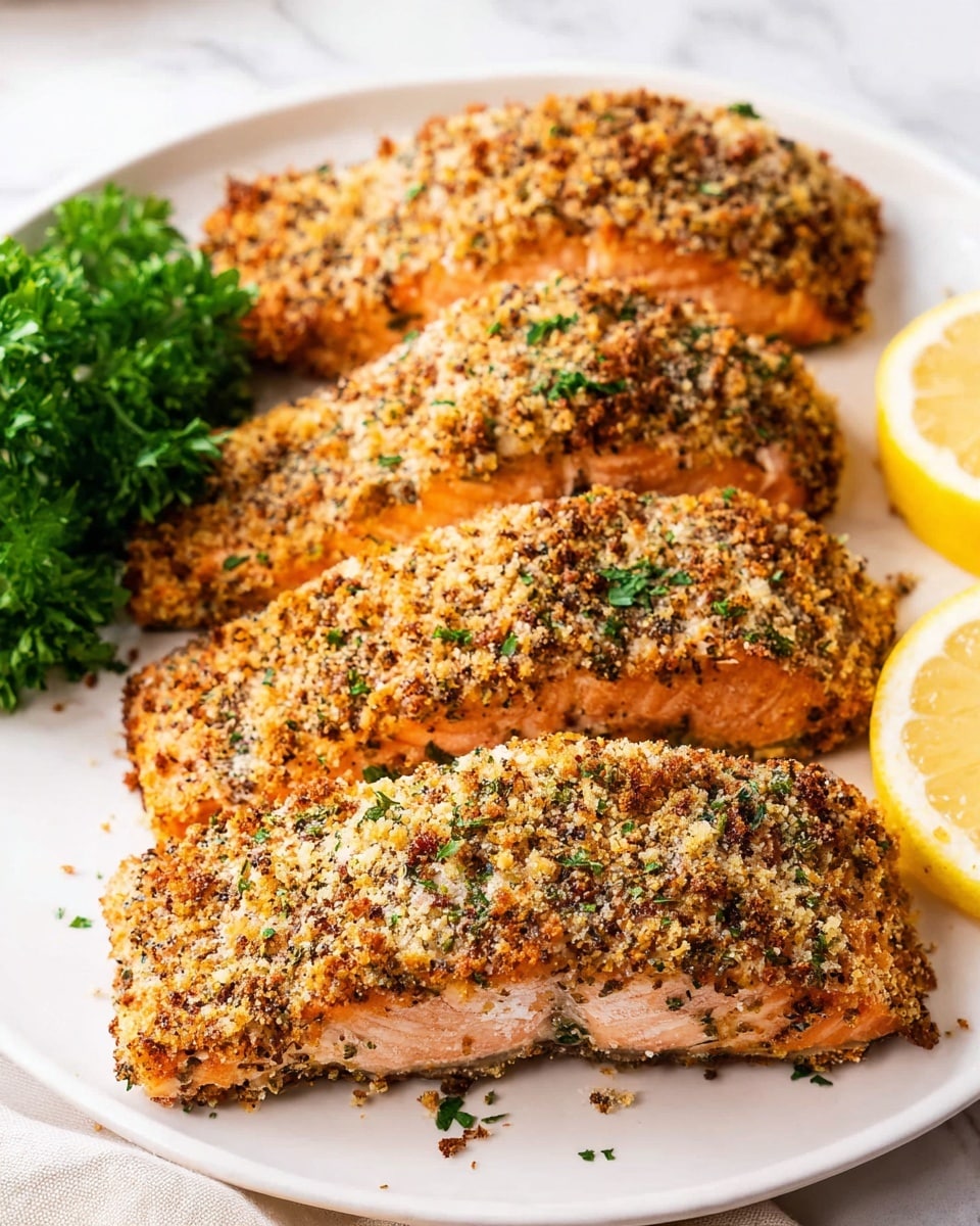 Four pieces of golden-brown salmon fillets with a crumbly, speckled herb and spice crust, arranged in a slightly overlapping row on a white plate. On the left side is a small bunch of fresh green parsley, and on the right side, two bright yellow lemon wedges add a pop of color. The plate rests on a white marbled surface, and the image has a close-up, bright, and clear focus that highlights the texture of the crust and the moistness of the fish. photo taken with an iphone --ar 4:5 --v 7