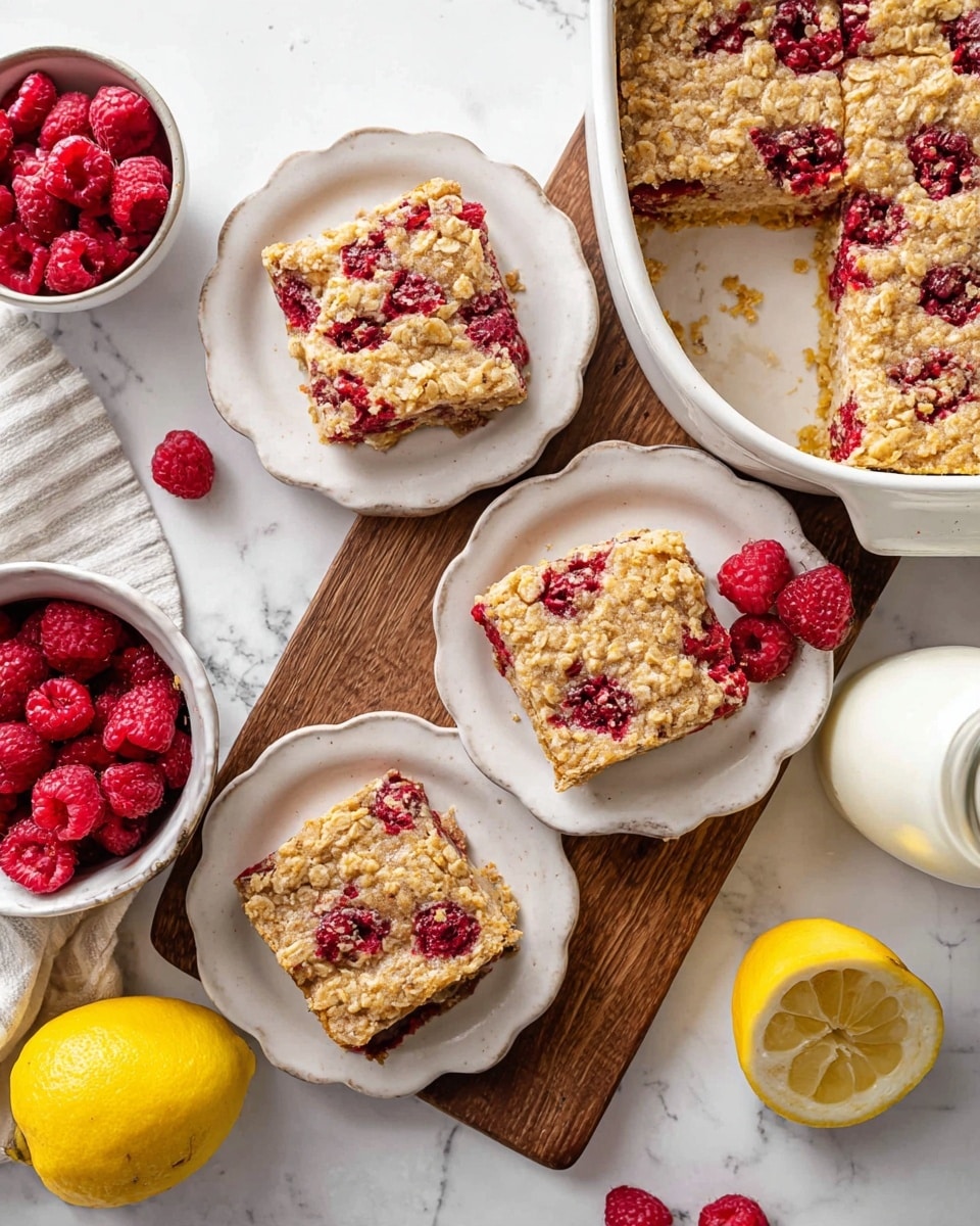 The image shows a round white baking dish with several square pieces of golden-brown raspberry oatmeal bars, each piece containing bright red raspberries scattered inside. Two of these oat bars are placed on small white plates with scalloped edges, positioned above and to the right of the baking dish. The bars have a crumbly texture with the raspberries slightly sunken into the top. To the left of the plates, there is a small white bowl filled with fresh red raspberries. To the right, a halved lemon with a bright yellow center is placed alongside a few scattered raspberries on a white marbled surface. A glass milk bottle sits in the bottom right corner. The whole setup is on a wooden board on a clean white marbled table. photo taken with an iphone --ar 4:5 --v 7