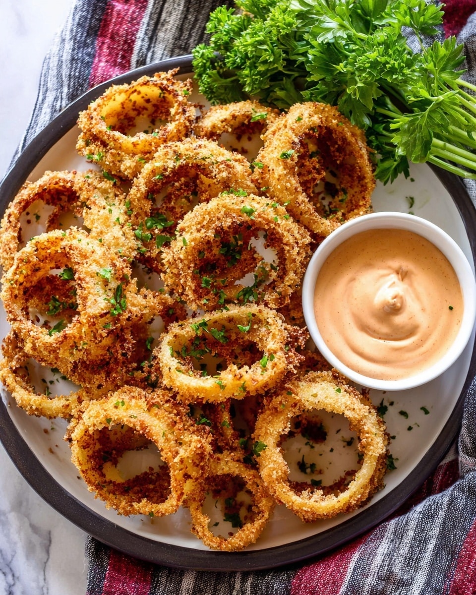 A pile of golden brown onion rings with a crispy, crumbly texture covers most of a round white plate, sprinkled lightly with chopped green herbs for color contrast. On the right side of the plate, a small white bowl holds smooth, light orange dipping sauce with a soft swirl on top. Behind the plate is a bundle of fresh bright green parsley resting on a white marbled surface next to a striped cloth with red, gray, and white lines. The image is brightly lit, showing the crunchy texture and warm tones of the onion rings. photo taken with an iphone --ar 4:5 --v 7