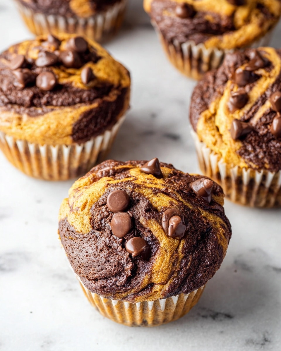 The image shows several muffins with two main color layers swirled together: a dark brown chocolate layer mixed with a lighter golden brown layer. Each muffin has chocolate chips on top, some of which are melting slightly and glistening. The muffins sit in white paper cups, arranged on a white marbled surface. The texture of the muffins looks soft with a slightly rough top, showing the swirl pattern clearly in each one. photo taken with an iphone --ar 4:5 --v 7