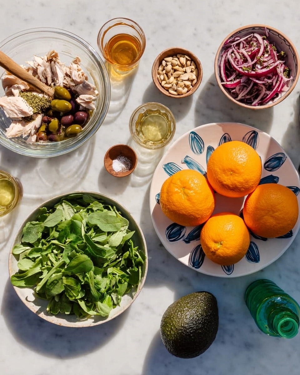 The image shows a bright arrangement of ingredients on a white marbled surface in natural light. In the center, there are three round oranges on a white plate with blue teardrop designs around the edge. To the right of the oranges, a dark green avocado sits alone. Below it, a white bowl is filled with fresh, bright green leaves of spinach or arugula. Next to that bowl are two small wooden bowls with salt and pepper, and three clear small glasses with golden, amber, and light yellow liquids. To the left of the oranges, a small white bowl holds chunks of light beige cooked chicken. Above it, a glass bowl contains thinly sliced red onions mixed with green herbs and spices, with a woman's hand holding a wooden-handled utensil inside the bowl. Above the onions, a small white bowl holds dark brown and purplish olives. On the upper right side, a cup holds small pale pine nuts, and next to it is a green glass bottle. The use of shadows and light gives the whole scene a fresh and inviting look photo taken with an iphone --ar 4:5 --v 7