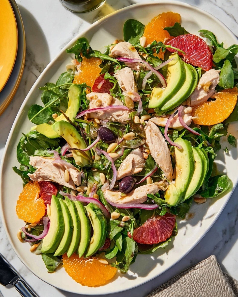 A white oval plate holds a colorful salad with a base layer of fresh green leafy spinach and arugula spread evenly. On top, there are several slices of light beige chicken pieces scattered across the salad. Bright green avocado slices are placed in small groups on the salad. Thinly sliced rings of red onion add a pinkish-purple color scattered around. Bright orange and red citrus slices are placed around the dish, some overlapping the greens. Dark purple olives are thinly sliced and sprinkled throughout. Small, pale pine nuts are scattered on top, adding texture. The plate is set on a white marbled surface under natural light, with part of a knife and fork visible in the corner. Photo taken with an iphone --ar 4:5 --v 7