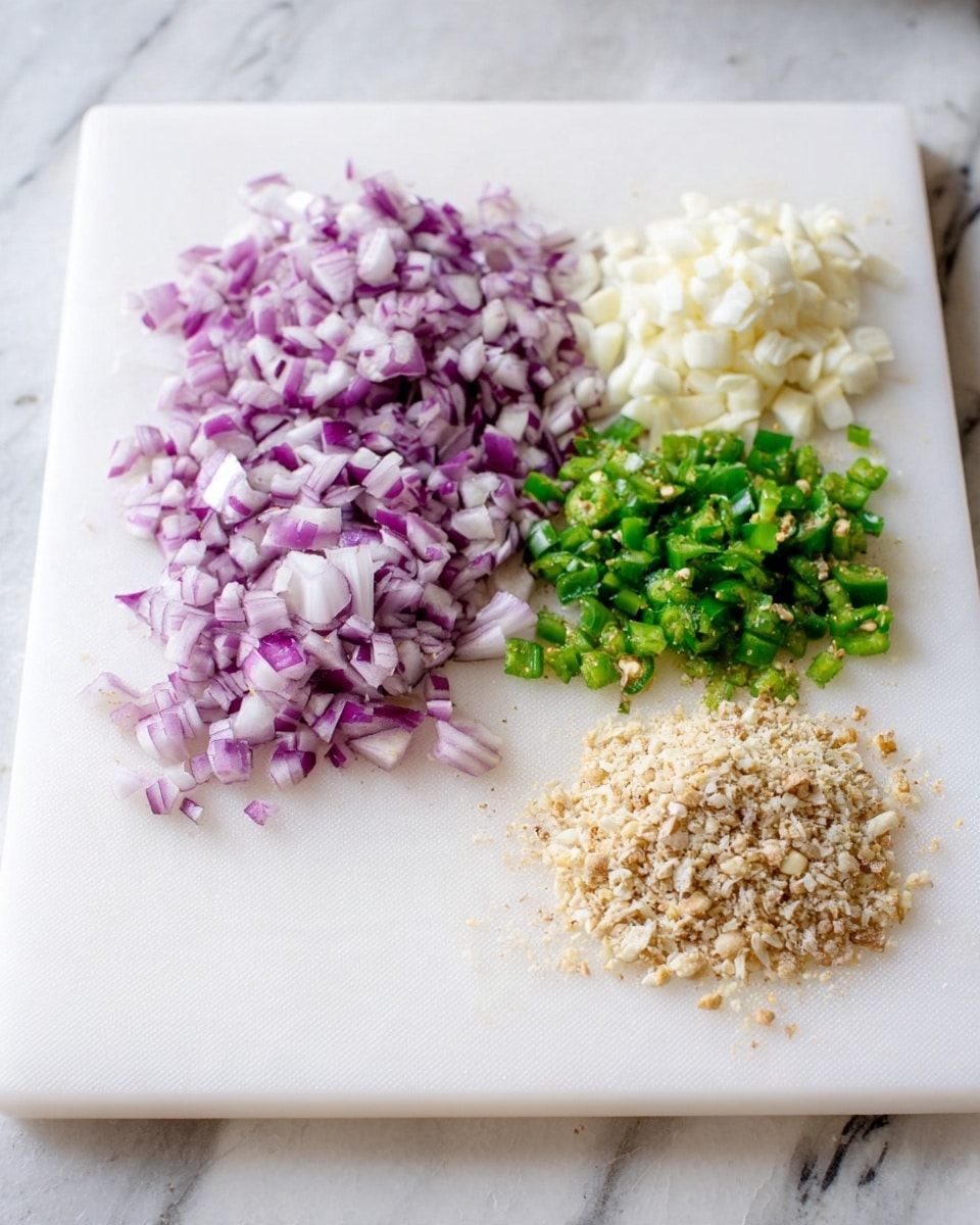 The image shows a white cutting board placed on a white marbled surface. On the cutting board, there are four piles of finely chopped ingredients arranged in a row from left to right. The first pile is of chopped red onions, showing a mix of purple and white colors with a slightly shiny, firm texture. Next to it is a pile of finely chopped white garlic, with small, slightly rough pieces. The third pile consists of green chopped jalapeño or green chili peppers, bright green with a smooth, fresh look. The last pile is of finely ground or minced beige-colored nuts or seeds, appearing dry and crumbly. photo taken with an iphone --ar 4:5 --v 7