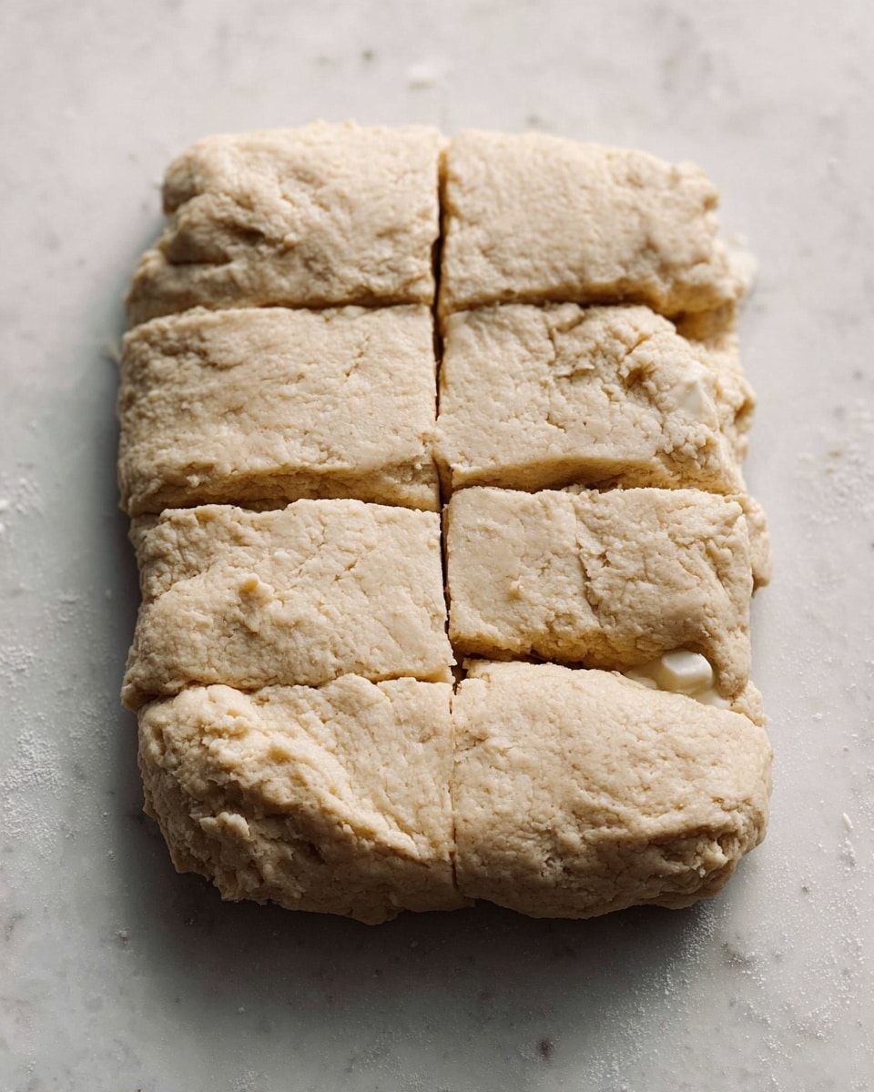 The image shows a single thick block of dough that is roughly rectangular and divided into eight uneven squares by light cracks pressed into the dough. The dough is pale beige with small white pieces visible inside it, showing a soft and slightly crumbly texture. The block rests directly on a white marbled surface, with natural light highlighting the rough texture and dimpling on the dough's surface. The overall look is unfinished dough ready to be baked, with no other items or layers around. photo taken with an iphone --ar 4:5 --v 7