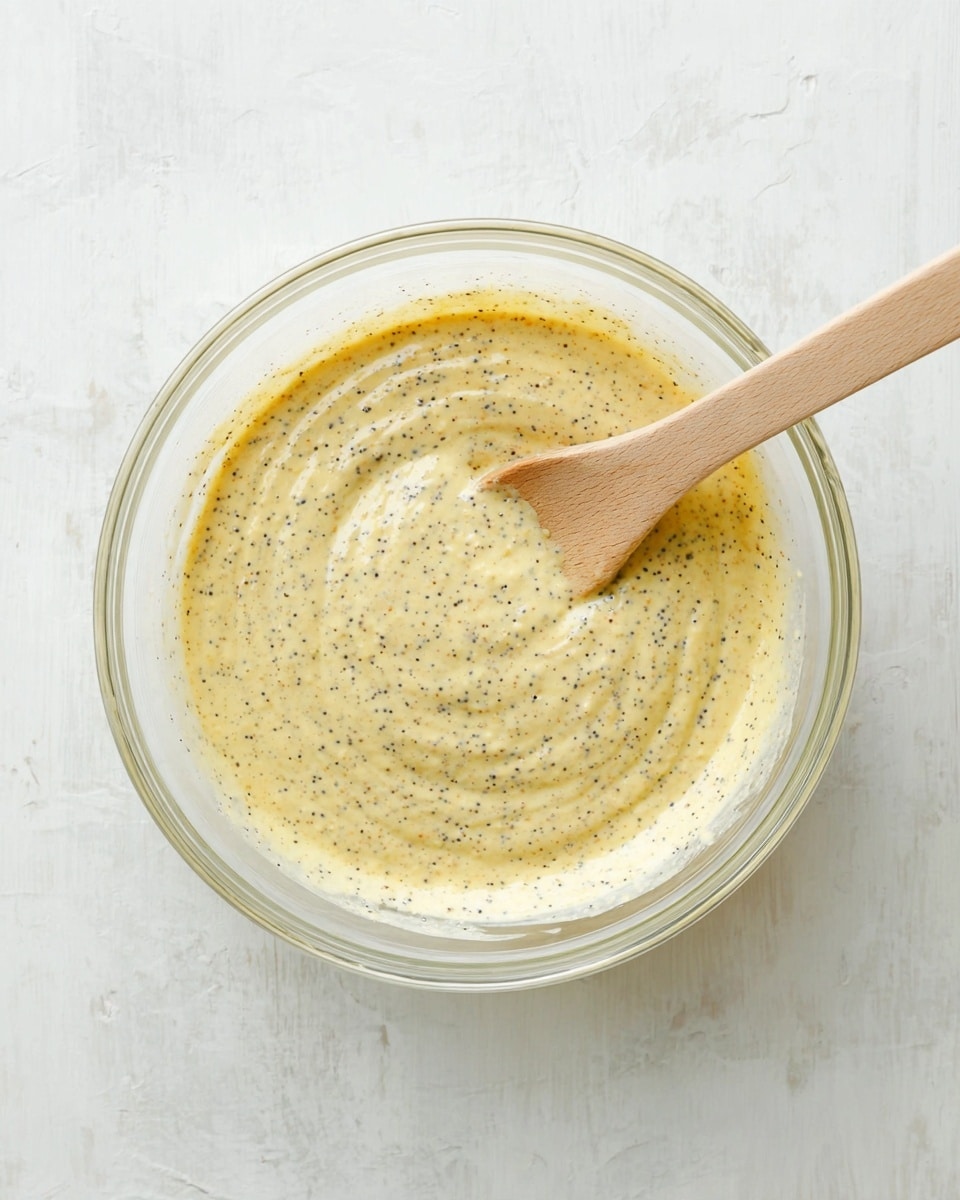 A clear glass bowl sits on a white marbled surface, filled with a pale yellow mixture that has small black poppy seeds spread evenly throughout. A light wooden spatula rests in the bowl, partially submerged in the creamy batter, with its handle extending out to the bottom right corner. The texture of the mixture looks smooth but slightly thick, and the bowl shows the mixture swirled gently in its center. photo taken with an iphone --ar 4:5 --v 7