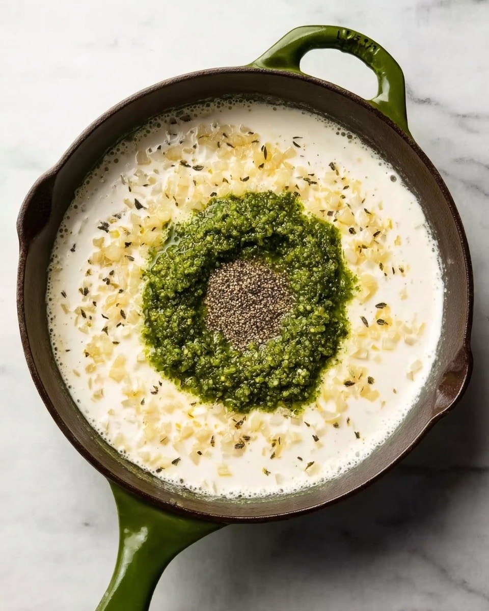 A top view of a green cast iron pan filled with a mixture of creamy white sauce that surrounds a center cluster of green pesto and a small pile of black pepper, all sitting on a white marbled surface. The edges of the sauce have small bits of light yellow and clear onion pieces visible, giving texture to the dish. The pan handle is angled toward the bottom of the image. photo taken with an iphone --ar 4:5 --v 7