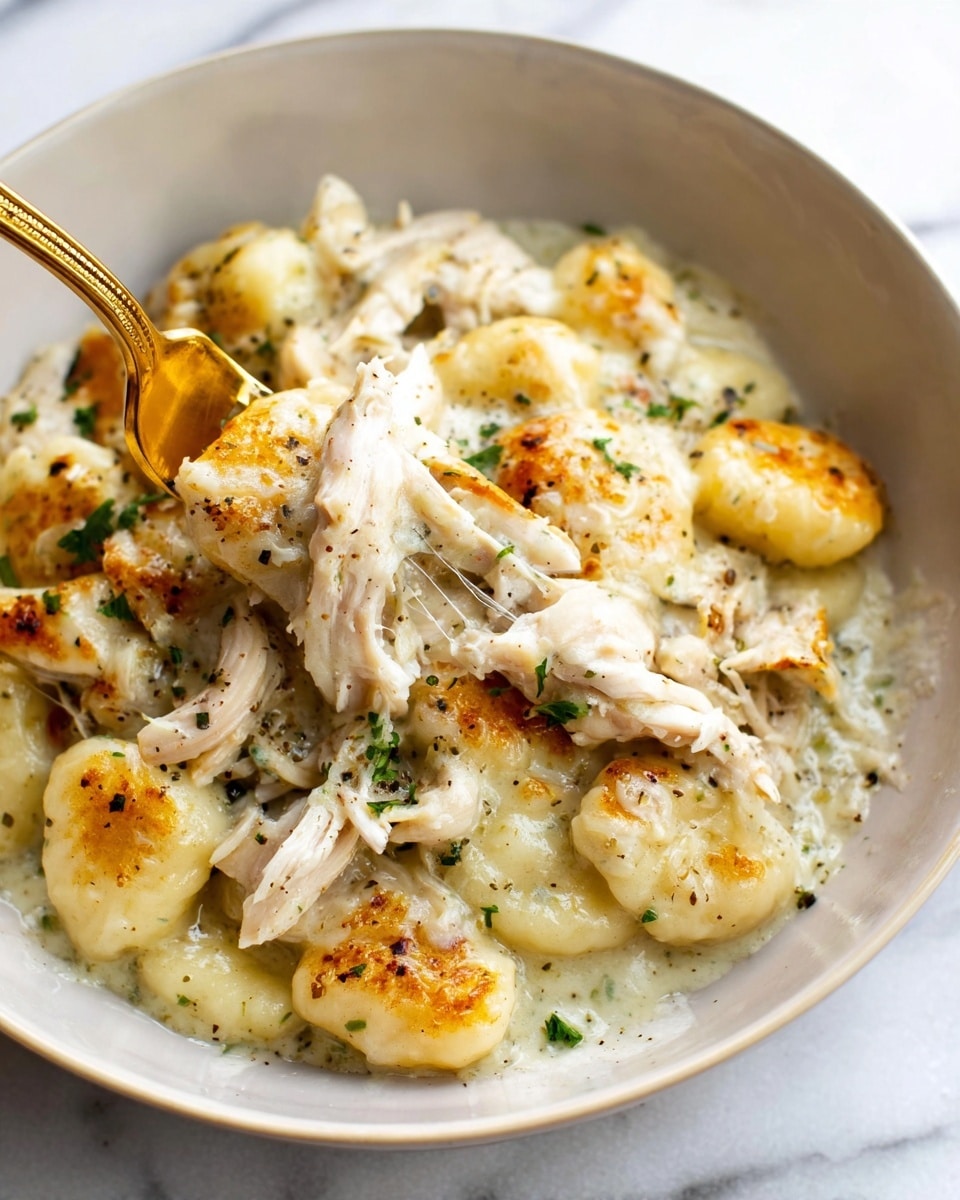 The image shows a close-up of a creamy dish served in a white bowl, placed on a white marbled surface. The dish has several layers: a base of soft, golden-browned gnocchi pieces, mixed with shredded white chicken meat scattered on top. The creamy white sauce covers the gnocchi and chicken, speckled with small green parsley flakes and black pepper. A gold fork is inserted into the dish, lifting a portion that shows the melted, smooth sauce binding the ingredients together. The overall look is warm and rich, with the browned spots adding a slight texture contrast. Photo taken with an iphone --ar 4:5 --v 7