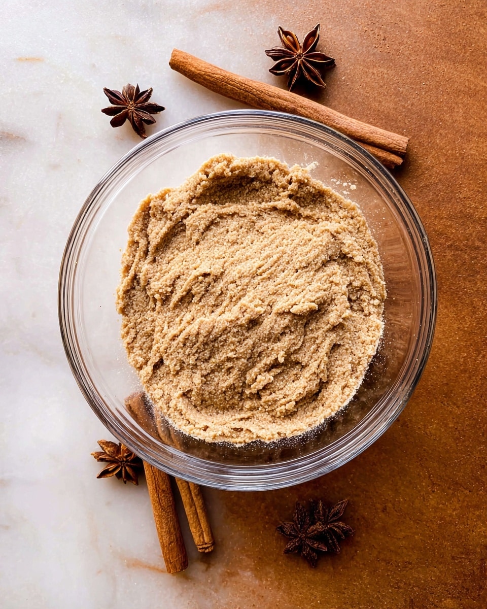 A clear glass bowl filled nearly to the top with a single thick layer of light brown, grainy dough with a slightly rough texture, sitting on a white marbled surface. Around the bowl, several whole cinnamon sticks and star anise pods are placed neatly, adding a touch of warm brown colors and shapes to the scene. The bowl and spices create a cozy and rustic look. photo taken with an iphone --ar 4:5 --v 7
