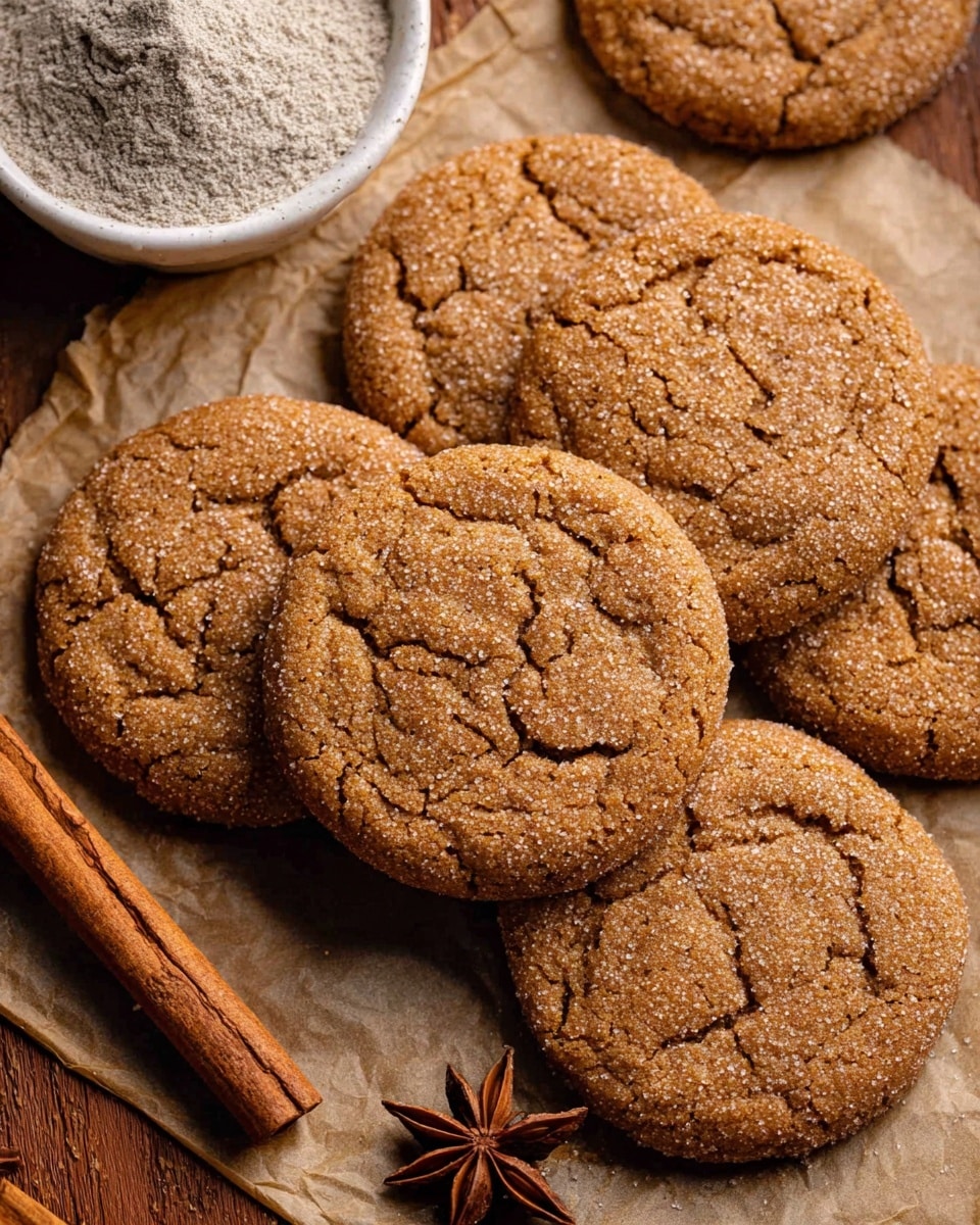 The image shows a close-up view of six round cookies with a cracked surface and a textured, light brown color. The cookies are arranged on a piece of parchment paper over a wooden surface. There is a small white bowl partly visible in the top left corner, filled with a light gray powder. A cinnamon stick is placed near the lower left corner, and a star anise is near the lower right corner. The colors are warm, and the textures show the crumbly, sugary coating on the cookies. photo taken with an iphone --ar 4:5 --v 7