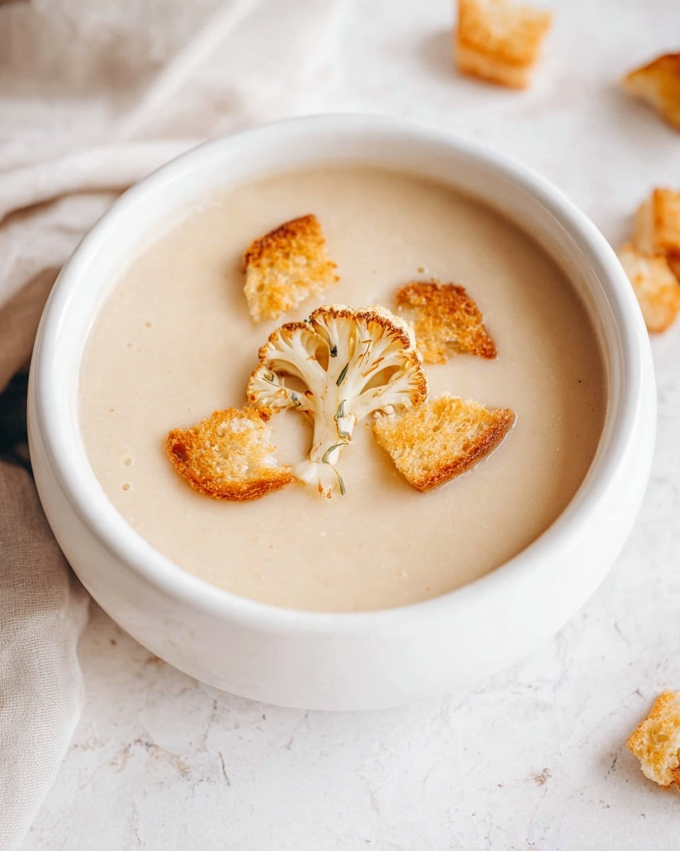 A white bowl filled with smooth, creamy beige soup sits on a white marbled surface with a soft white cloth nearby. The soup has several golden-brown toasted bread pieces floating on top, with one small piece of light brown roasted cauliflower placed in the center. The overall look is simple and warm, with the light colors of the soup and bread contrasting softly with the white bowl and background. photo taken with an iphone --ar 4:5 --v 7