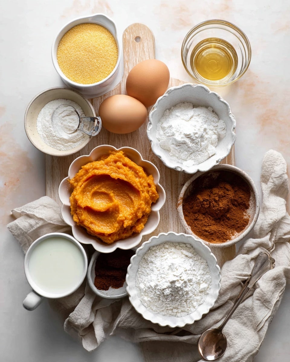 A top-down view of various baking ingredients arranged on a wooden board placed on a white marbled surface. There is a white cup filled with fine yellow cornmeal at the top left, next to a small white bowl of white granulated sugar. Below it, a transparent glass holds a golden liquid, likely oil. At the center, a white bowl with scalloped edges contains two light brown eggs. Below that, a ceramic bowl holds bright orange pumpkin puree with a smooth texture. To the right of the pumpkin puree is a small white scalloped bowl filled with light brown sugar. Near it, a small white bowl contains ground dark brown spices. In the bottom center, a transparent glass cup has white milk. On the bottom right, a white cup is filled with white flour, showing some swirled texture on the top. Two small spoons on the left side contain white baking soda and salt. A crumpled light beige linen cloth lies beside the eggs. photo taken with an iphone --ar 4:5 --v 7