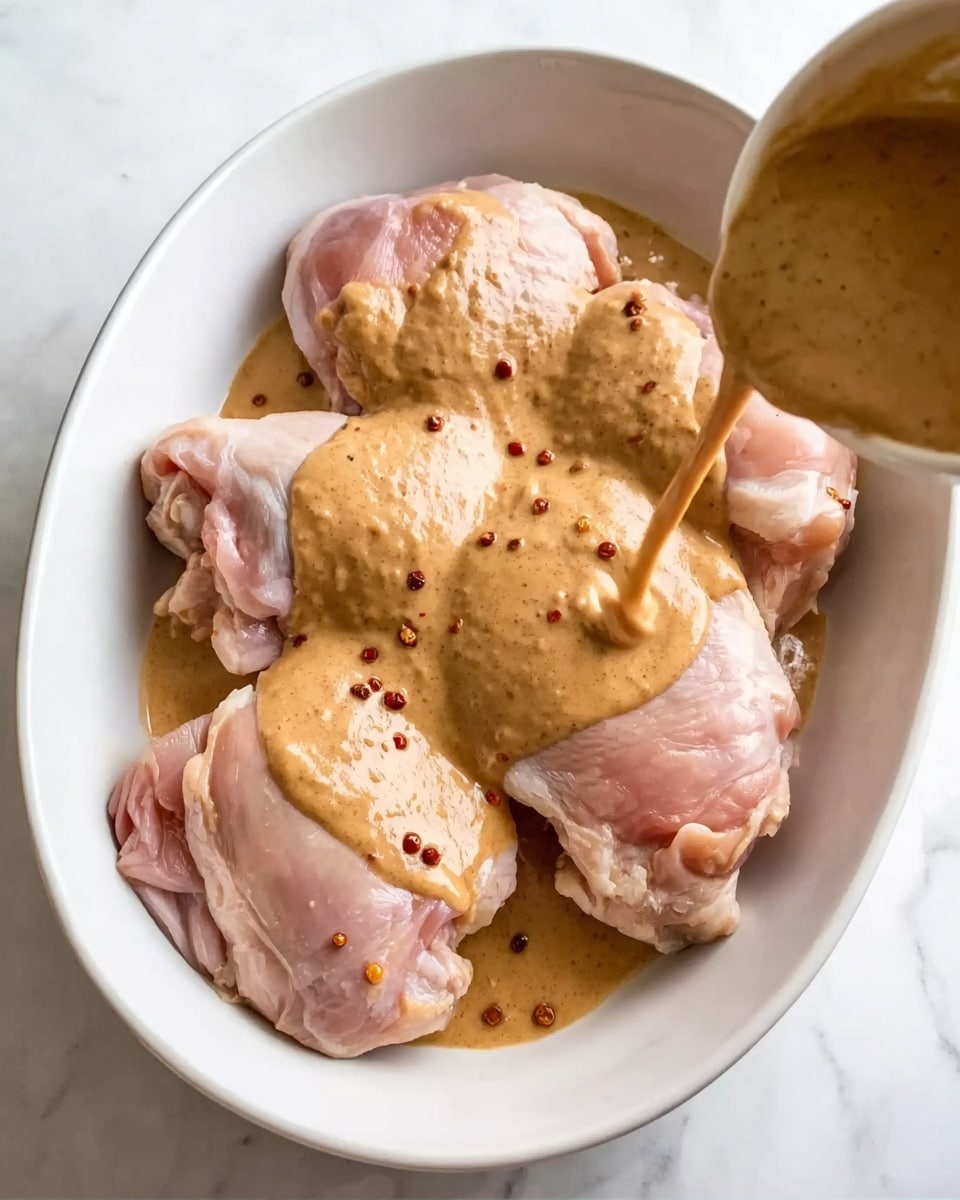 In a white oval dish, there are five pieces of raw chicken thighs with pale pink skin arranged in a single layer. A woman's hand is pouring a thick, light brown sauce with small red peppercorns over the chicken, covering parts of the surface and dripping down softly. The dish is placed on a white marbled surface. The sauce has a smooth, creamy texture with some visible small lumps, and its color contrasts with the pale chicken skin. photo taken with an iphone --ar 4:5 --v 7
