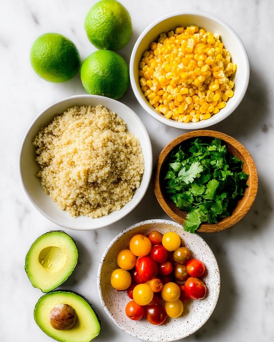 The image shows five food items arranged on a white marbled surface. There are two whole limes near the top left. To their right is a white bowl full of bright yellow corn kernels. Below the limes is a white bowl packed with cooked quinoa, tan and fluffy. To the right of the quinoa is a small wooden bowl filled with fresh green cilantro leaves. At the bottom right, there is a white speckled bowl containing halved small cherry tomatoes in red, yellow, and orange colors. At the bottom left of the image are two halves of a ripe avocado, one with the seed inside and the other empty, showing light green creamy flesh. Photo taken with an iphone --ar 4:5 --v 7