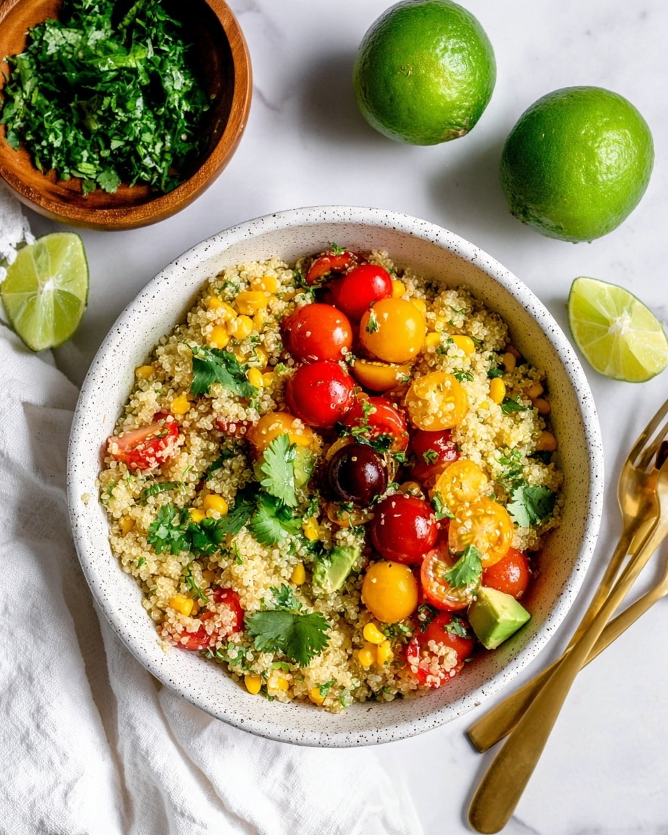 A white speckled bowl filled with a colorful quinoa salad sits on a white marbled surface. The salad has three layers visible: a base of fluffy, light beige quinoa grains, mixed with bright yellow corn kernels scattered throughout, and halved cherry tomatoes of red, orange, and dark red colors spread evenly on top. Small green avocado chunks and fresh cilantro leaves add contrast, with some cilantro pieces sprinkled across the salad. In the background, two whole limes and a wooden bowl with fresh green cilantro are present, alongside a golden spoon and fork resting on a white cloth nearby. photo taken with an iphone --ar 4:5 --v 7