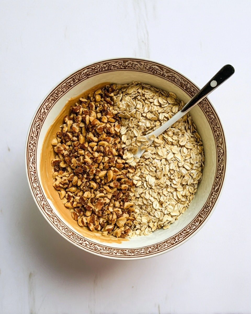 A white bowl with a detailed brown pattern around the rim holds two main layers; on the left side, there is a thick layer of chopped brown nuts, while the right side has a layer of light beige rolled oats with a rough texture. Both layers sit on a light brown spread, possibly peanut butter, visible at the edges inside the bowl. A white spoon with a black handle is placed inside the bowl, resting on the oats and nuts. The bowl is set on a white marbled surface. Photo taken with an iphone --ar 4:5 --v 7