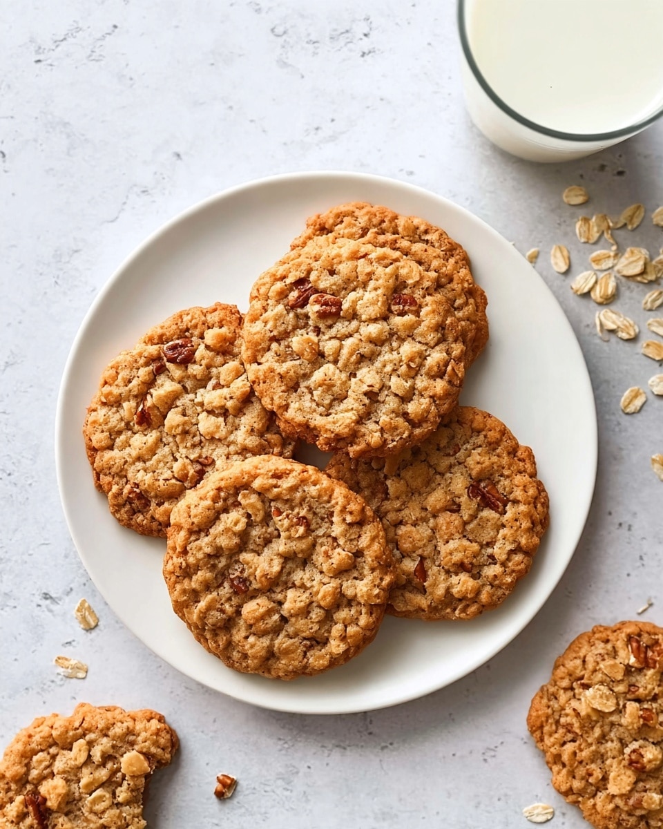 A group of five golden brown oatmeal cookies with visible oats and pecan pieces are arranged on a simple white round plate, with three cookies fully visible on the plate and two cookies lying separately on the white marbled surface around the plate. The cookies have a rough, textured surface with small ridges and clusters of oats, giving them a homemade look. A glass of milk is placed near the top right corner of the image, and small oats are scattered randomly on the white marbled surface near the cookies, adding a casual, inviting feel to the scene. The photo was taken with an iphone --ar 4:5 --v 7