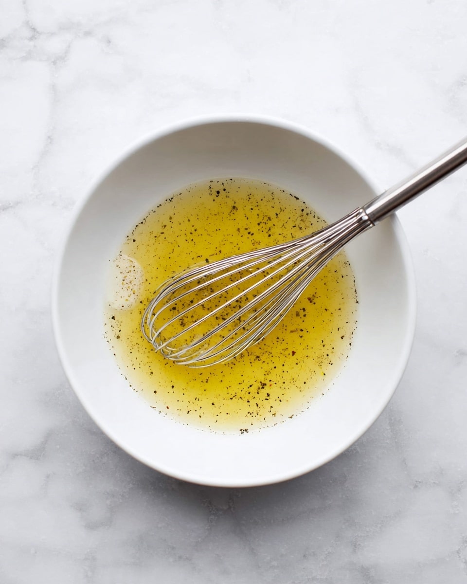 A white bowl sits on a white marbled surface, holding a light golden yellow liquid that looks smooth with many small black specks mixed throughout. Inside the bowl, a silver metal whisk rests on top of the liquid, showing the thin wires and handle that reflect light softly. The liquid forms a thin layer inside the bowl, with a few tiny bubbles and specks on the bowl’s sides. The scene is simple and clean. photo taken with an iphone --ar 4:5 --v 7