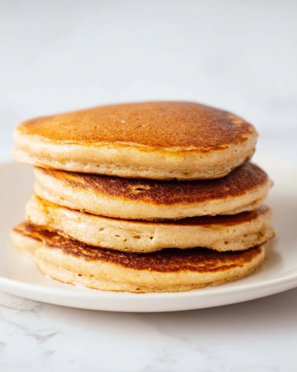 A stack of four thick pancakes sits on a white plate, each pancake showing a golden brown top with a slightly crisp texture and a light, fluffy interior in a warm beige color. The pancakes are evenly stacked, with each layer clearly visible from the side, and the edges have a gentle, rounded shape with some small air holes. The background is a white marbled texture, adding a clean and soft look to the image. photo taken with an iphone --ar 4:5 --v 7