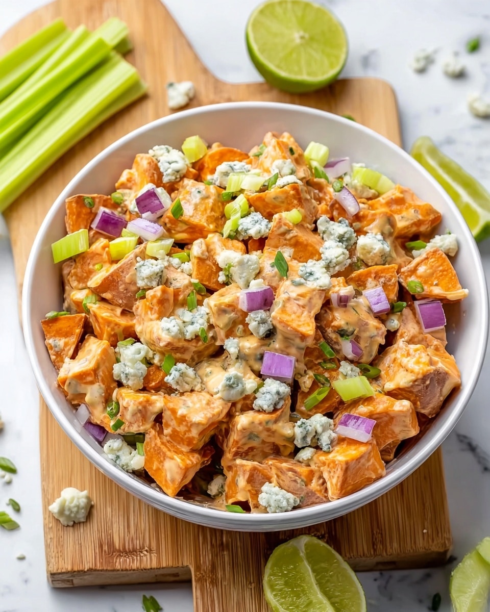 The image shows a white bowl filled with a chunky salad made of orange sweet potato pieces mixed with creamy light orange sauce. Small pieces of purple onion and light green celery are scattered throughout the salad. Crumbled blue cheese dots the top layer, adding a blue and white texture. The bowl is placed on a wooden cutting board with some green celery sticks and lime wedges around it. The background surface is white marble. photo taken with an iphone --ar 4:5 --v 7