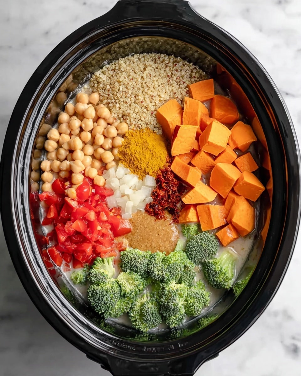 Inside a black slow cooker on a white marbled surface, there are several distinct food layers arranged in separate parts: cubed orange sweet potatoes on the top right, a pile of light beige quinoa next to them on the middle right, bright green broccoli florets at the bottom right, a dollop of light brown peanut butter on top of finely minced light yellow ginger near the broccoli, a heap of bright red chopped tomatoes on the bottom left, a group of pale beige chickpeas on the top left, and finely chopped white onion in the center. There is also a small mound of bright yellow turmeric powder and a sprinkle of deep red chili powder on top of the onions. The ingredients sit in a pool of white coconut milk covering the base. Photo taken with an iphone --ar 4:5 --v 7