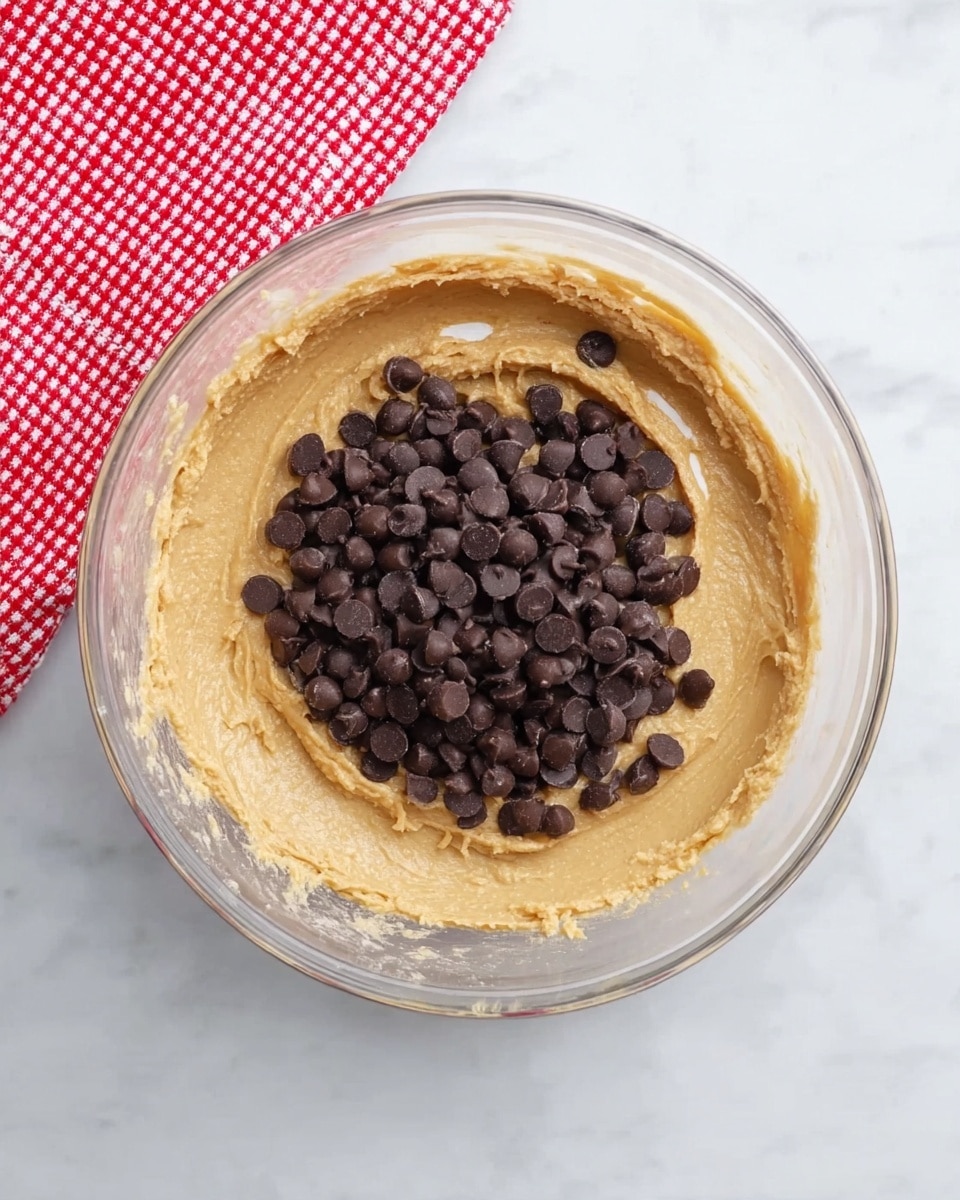 A clear round mixing bowl shows two layers inside; the first layer is a thick, light brown batter with a smooth yet slightly textured surface filling most of the bowl, and on top of the batter, on one side, there is a pile of small, dark brown chocolate chips clustered together. The bowl sits on a white marbled surface with a red and white checkered cloth partially visible to the side. Photo taken with an iphone --ar 4:5 --v 7