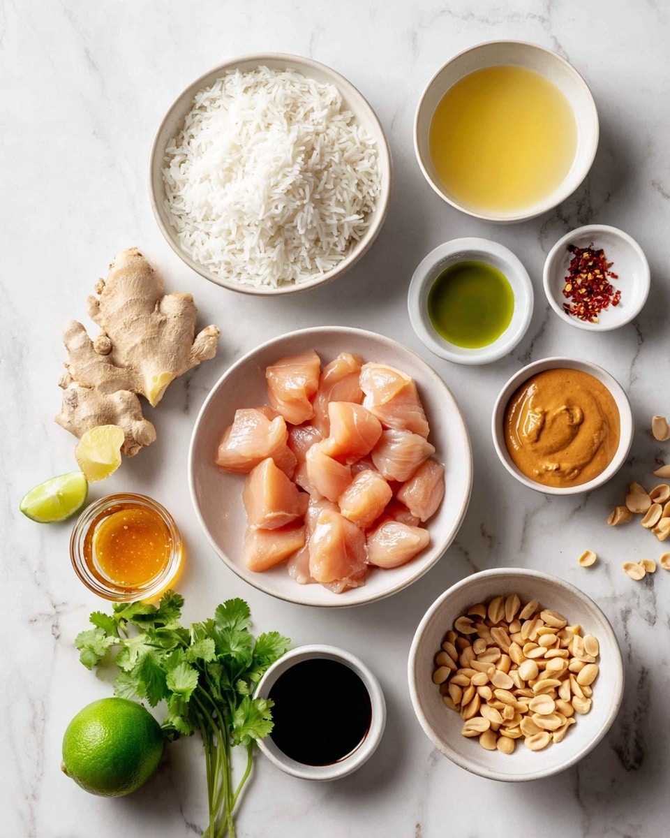 The image shows several white bowls and small dishes arranged on a white marbled surface. The largest white bowl in the center contains raw, light pink chicken pieces. To the top left, a white bowl is full of steamed white rice with soft, fluffy texture. Above the chicken, a white bowl has a smooth, light yellow liquid, while a smaller white dish nearby holds green oil. To the right of the oil, another white bowl contains a thick, tan peanut sauce. At the bottom left, there is a small glass dish with light golden honey next to fresh green cilantro, a large piece of fresh ginger root, and a whole green lime. Small dishes around the edges hold soy sauce, garlic cloves, and chopped red chili flakes. A pile of light brown peanuts is scattered near the rice bowl. The photo taken with an iphone --ar 4:5 --v 7