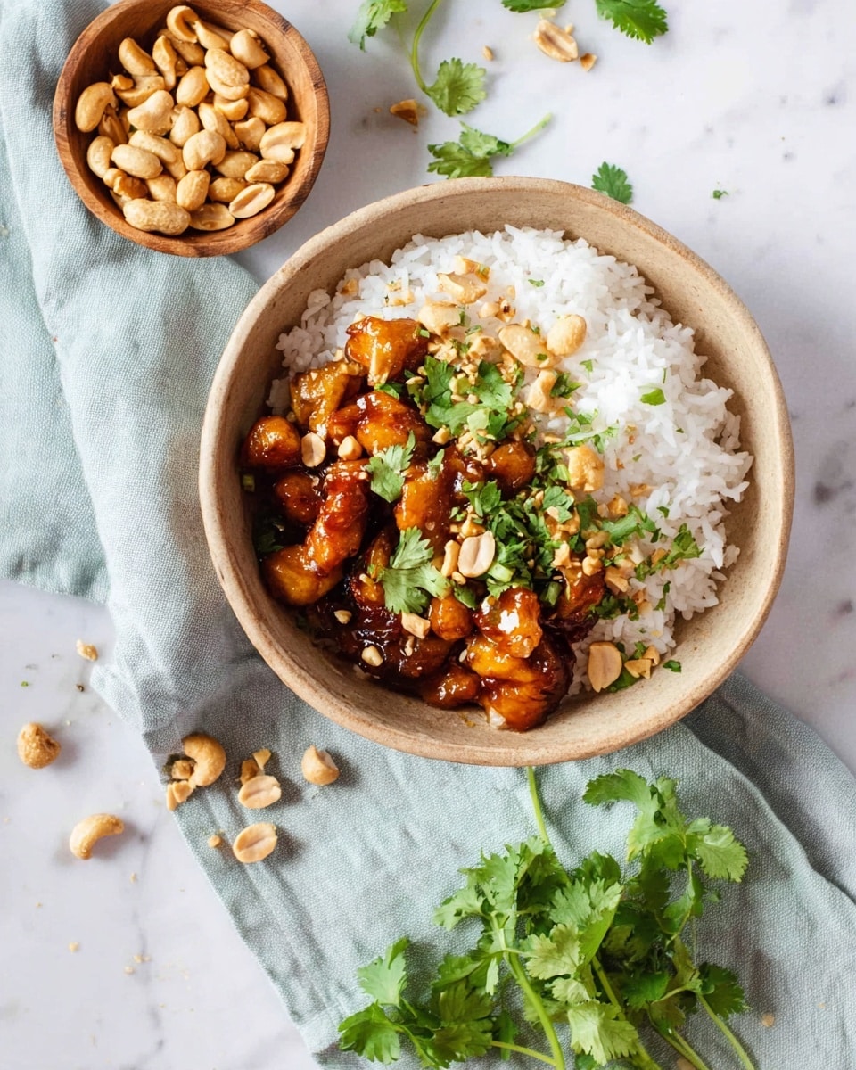 A round beige bowl sits on a soft light blue cloth against a white marbled surface, filled with a dish made of two main layers: at the bottom, there is a thick layer of white fluffy rice, and on top, there are shiny brown glazed chicken pieces scattered with chopped light brown peanuts and green cilantro leaves, which add fresh color to the dish. Near the bowl, a small wooden bowl holds whole light brown roasted peanuts, with a few scattered around. Fresh green cilantro sprigs lay nearby on the white marbled surface, adding a natural touch. photo taken with an iphone --ar 4:5 --v 7